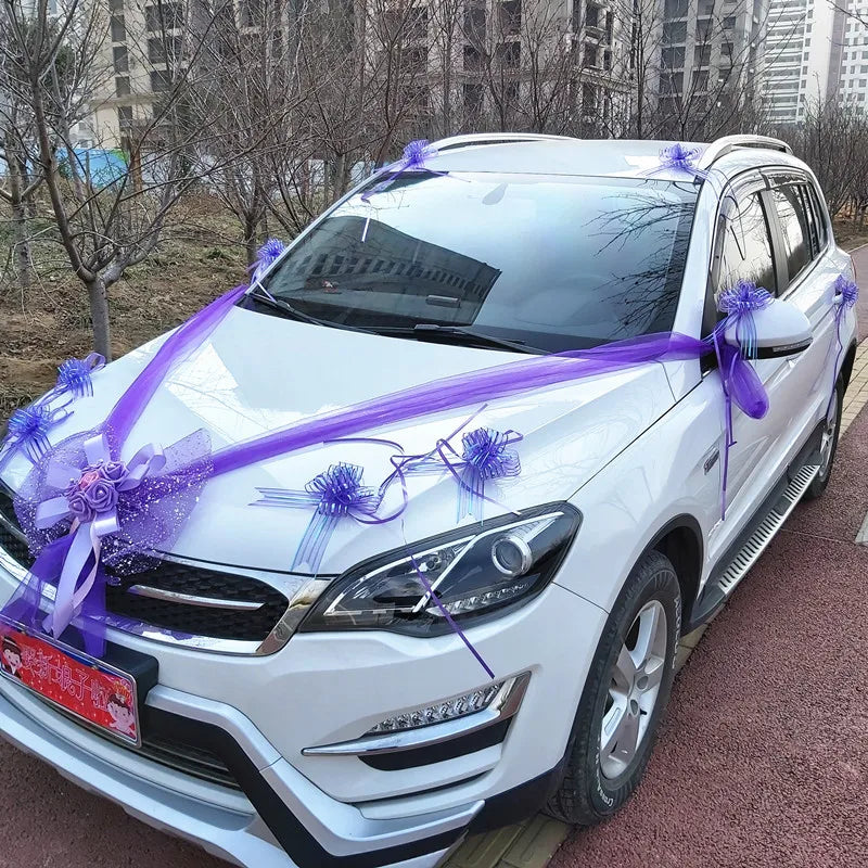 Wedding Car Decoration Flower Set Cover Door Handle Ribbons Silk Flower Garland With Tulle Rose Accessory Wed Decor2023