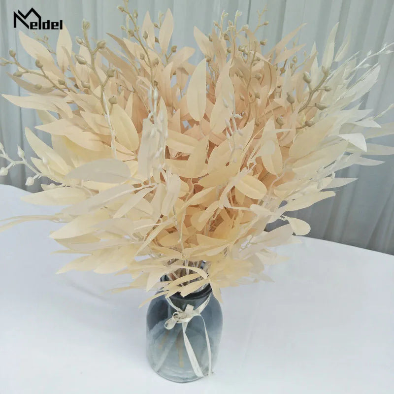 Meldel Wedding Bouquet Decoration Artificial White Flower Plant Silk Flower Home Vase Decor Willow Leaf Green Grass Fake Flowers