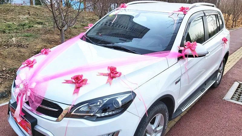 Wedding Car Decoration Flower Set Cover Door Handle Ribbons Silk Flower Garland With Tulle Rose Accessory Wed Decor2023