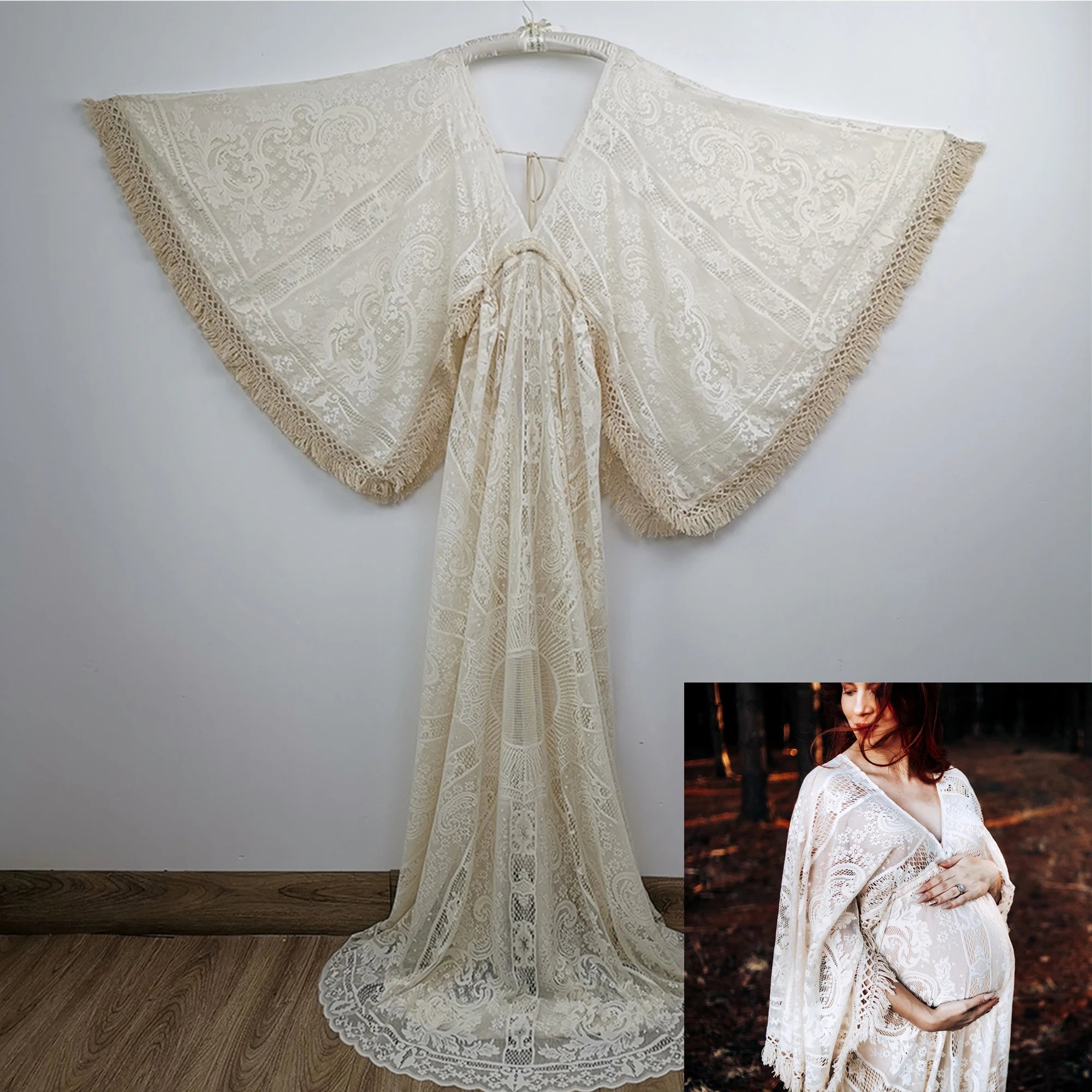 Don&Judy Maternity Dress Boho Photo shoot Maxi Long Sleeve Wedding Party Evening Ivory Gown for Bride Pregnant Women Photography