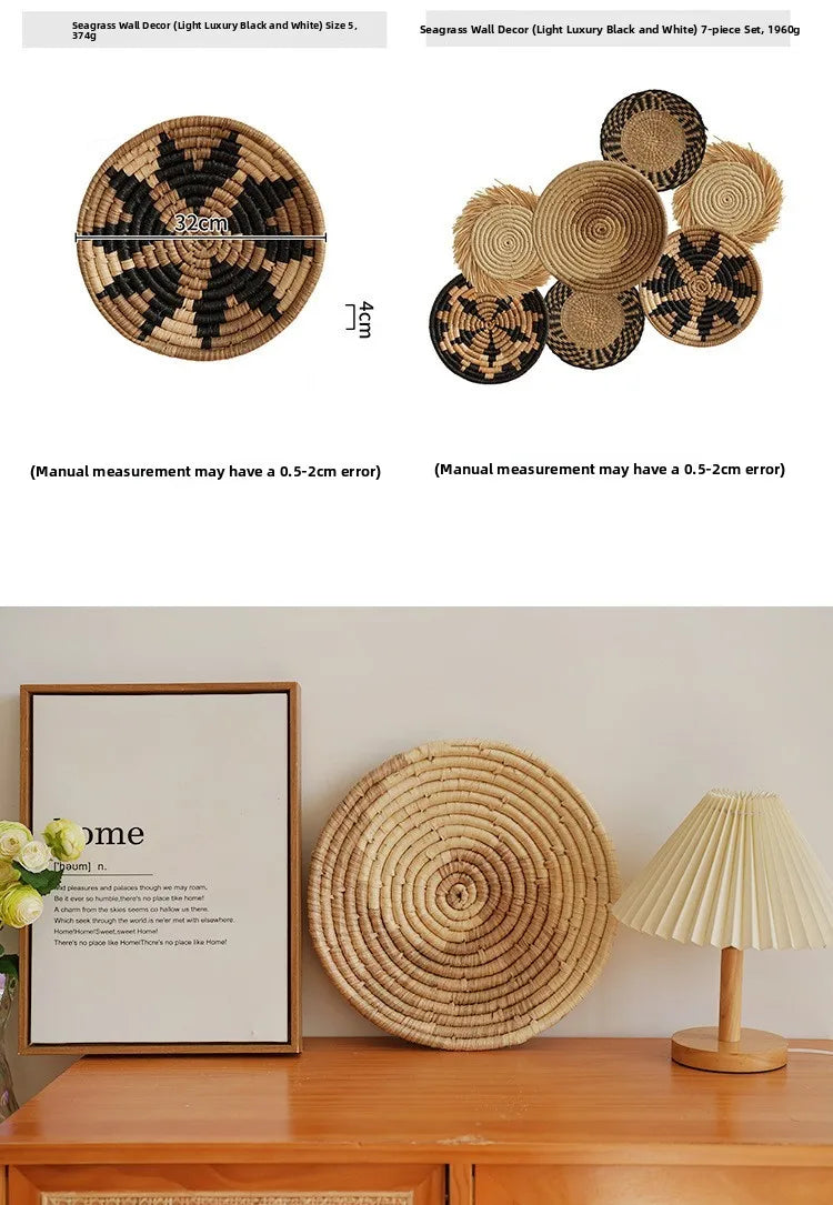 Boho Chic Handcrafted Seagrass Wall Baskets, Rattan Woven Round Bohemian Decor for Home,Farmhouse-Featherless,Versatile Use