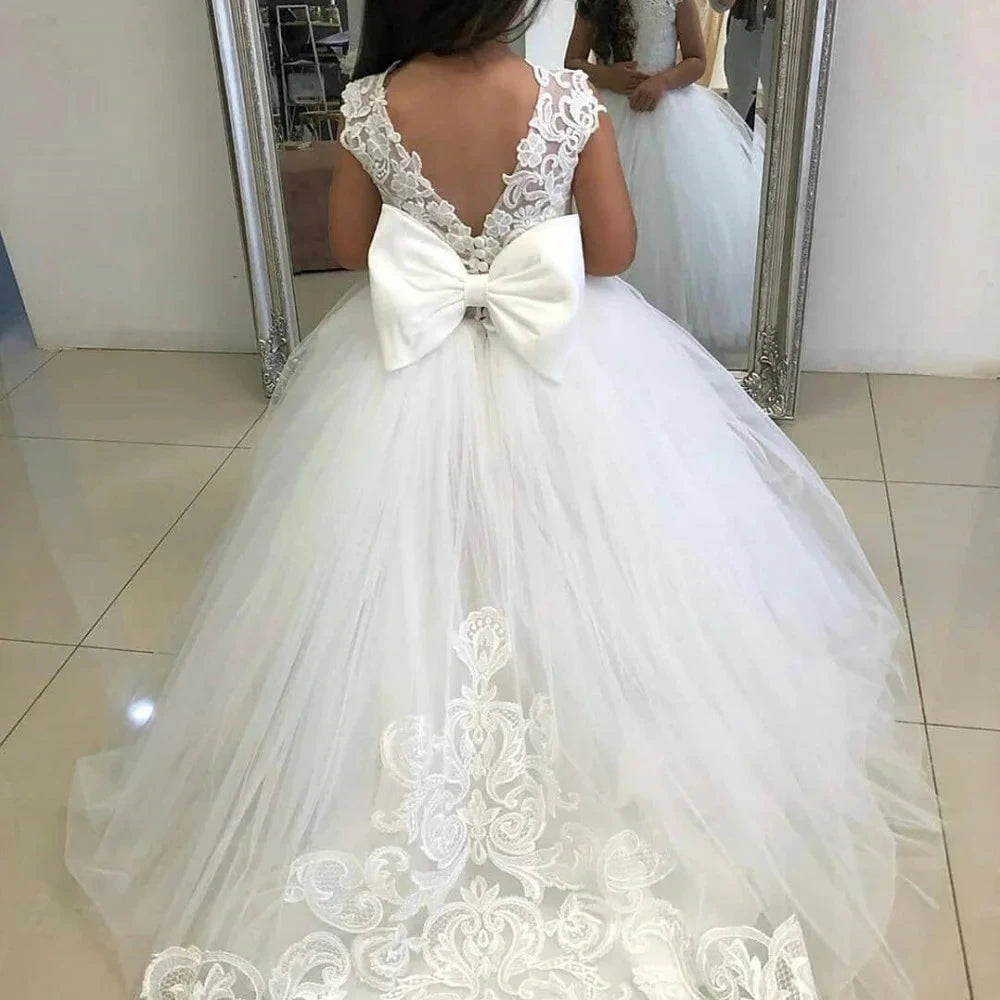 White Bridesmaid Dresses For Girls Princesss Flower Girl Dress Big Bow Lace First Communion Gown Kids Wedding Party | STEPHANIE