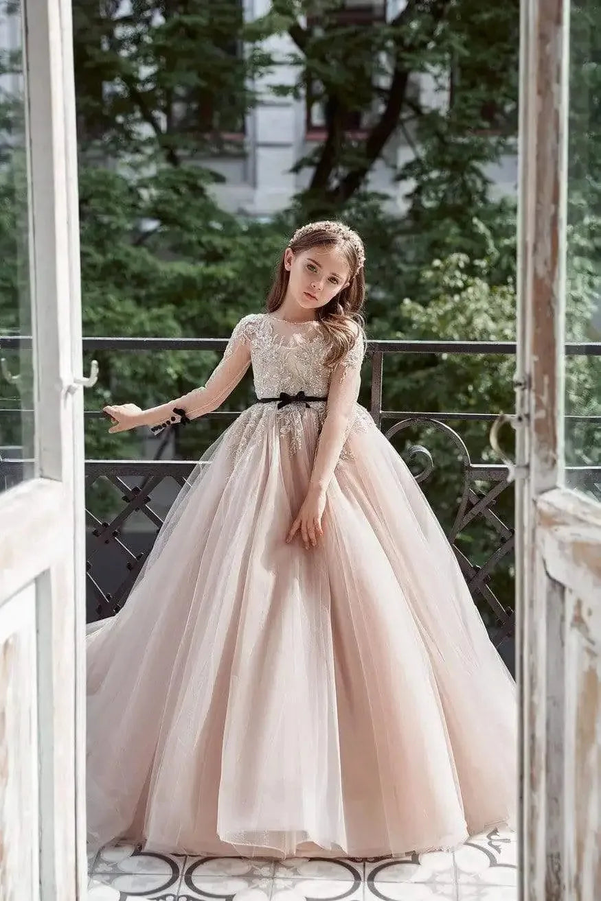 Pink Flower Girl Dresses for Wedding Full Sleeves Lace Appliques Girl Gown for Photoshoot First Communion Gowns Customized