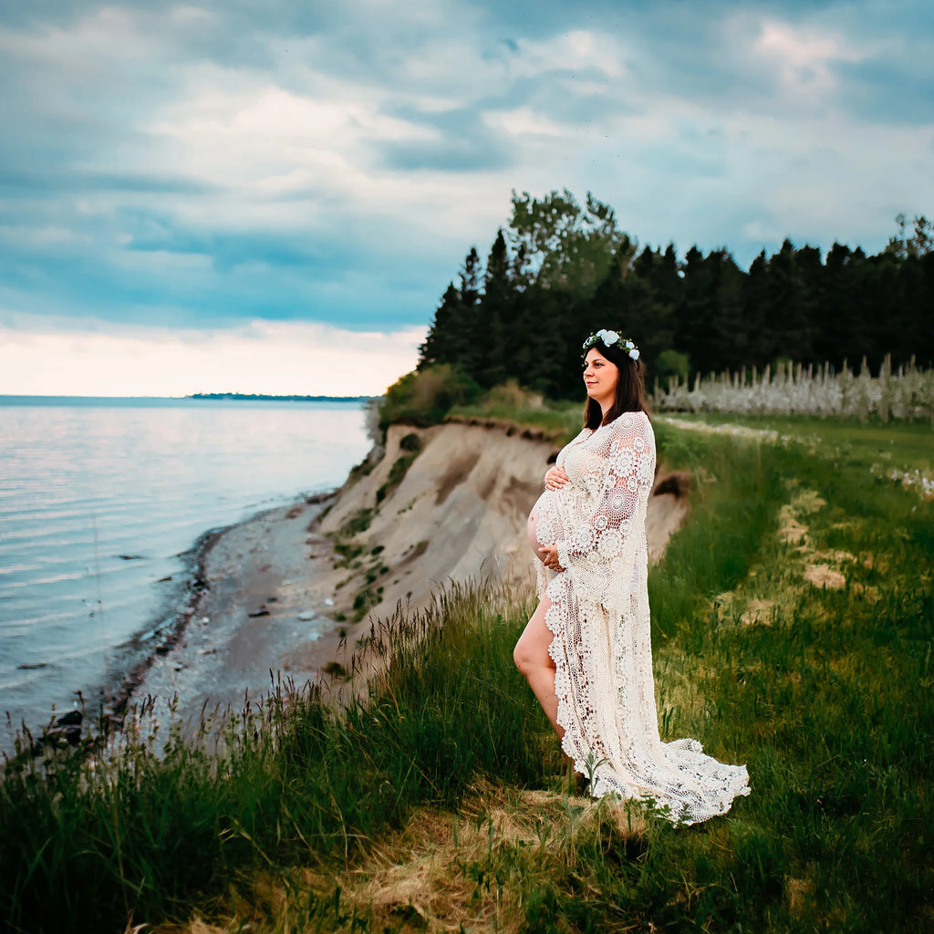 Don&Judy Maternity Dress Boho Photo shoot Maxi Long Sleeve Wedding Party Evening Ivory Gown for Bride Pregnant Women Photography