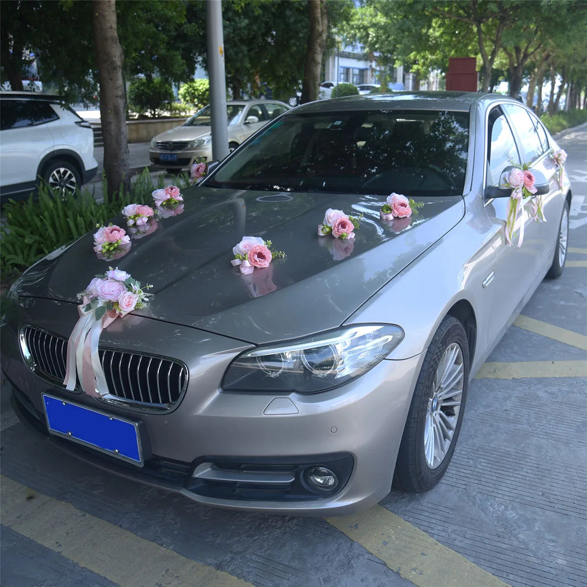YeeNanee 13pcs/Set Just Married Car Decoration Flowers Pink Aftificial Rose with Ribbon for Wedding Car Mirror Door Handle Decor