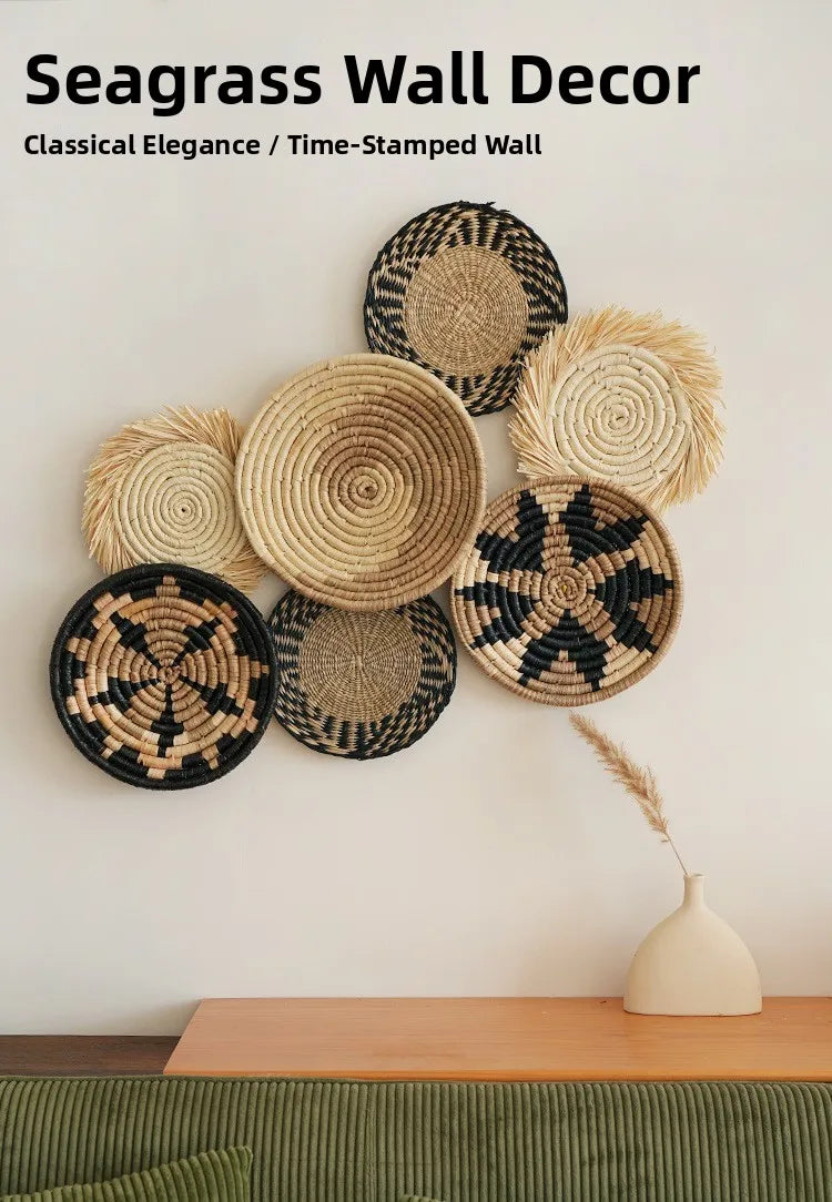 Boho Chic Handcrafted Seagrass Wall Baskets, Rattan Woven Round Bohemian Decor for Home,Farmhouse-Featherless,Versatile Use