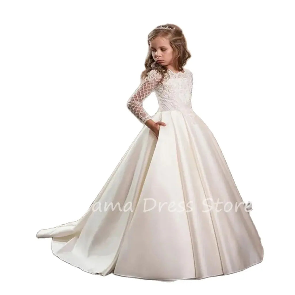 Wedding Dress Flower Girl Dresses Kids Satin Sashes Bow Simple Organza Cap Sleeves Girls Princess Evening Dress