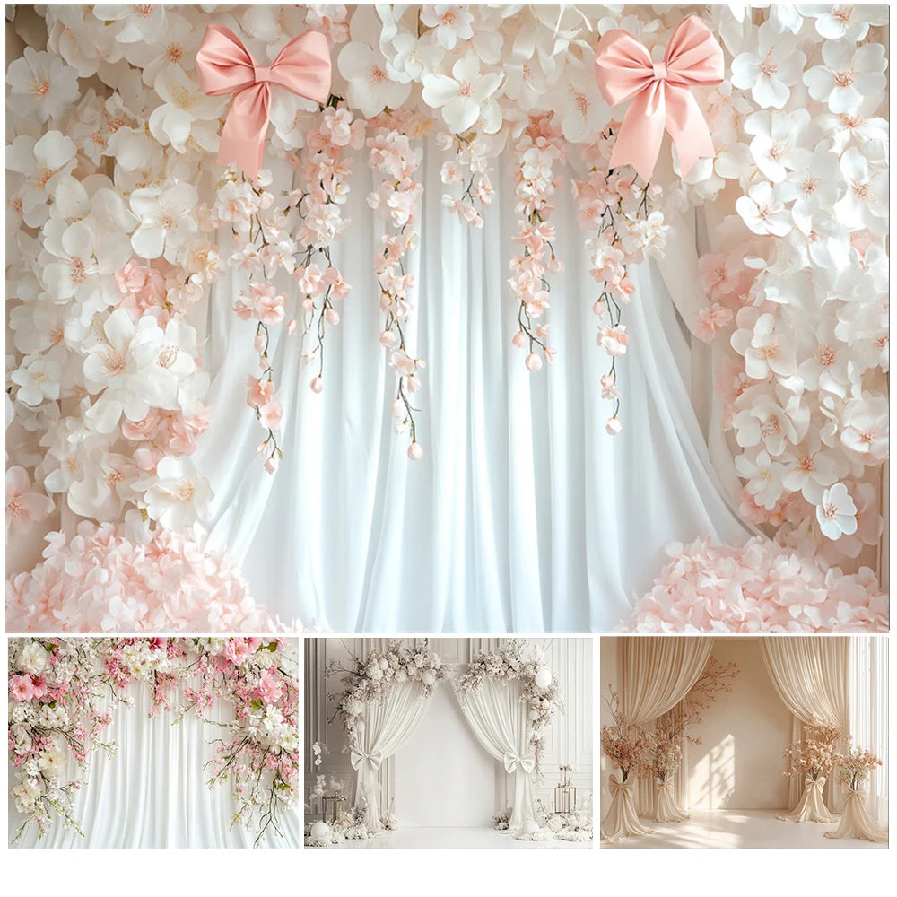 Wedding Scene Party Backdrop for Photography Pink Flower Palace White Wall Bridal Shower Wedding Portrait Decor Photo Background