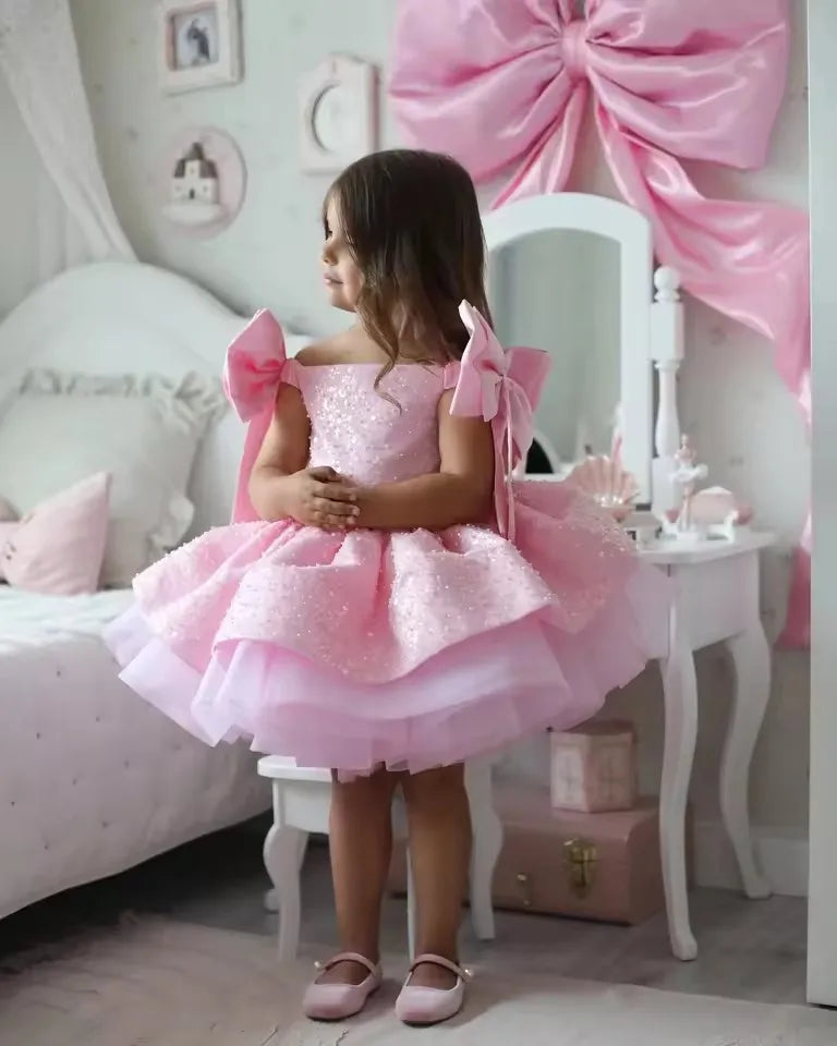 Customized Pink Flower Girl Dresses For Wedding Sequins With Bow Knee Length Cute Princess Birthday Party First Communion Gown