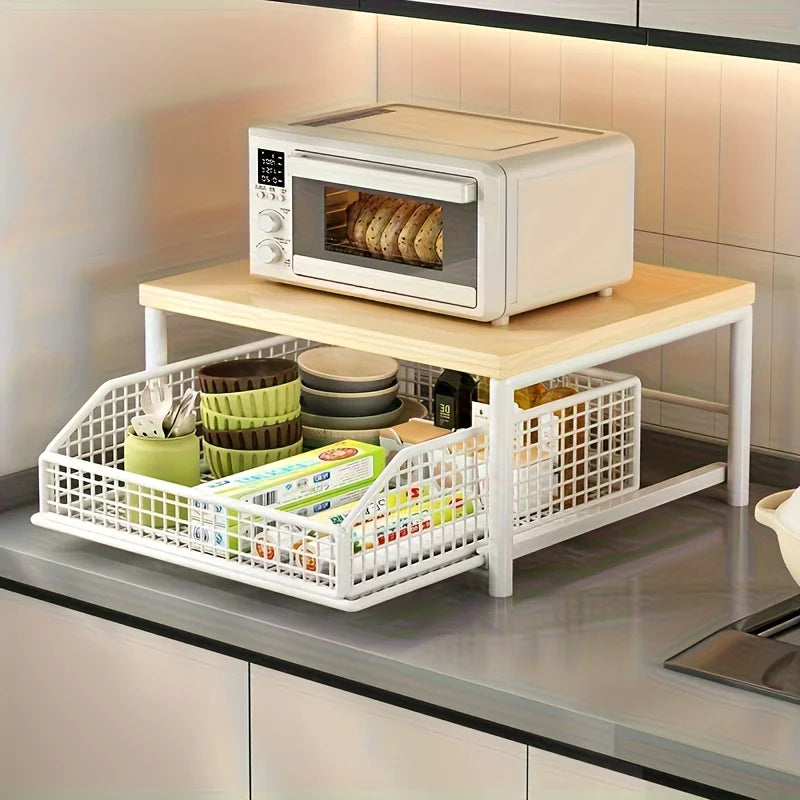 Kitchen Countertop Organizer with Drawer & Wire Basket - Sturdy Hardwood & Metal 2-Tier Storage Shelf for Coffee Maker, Utensils