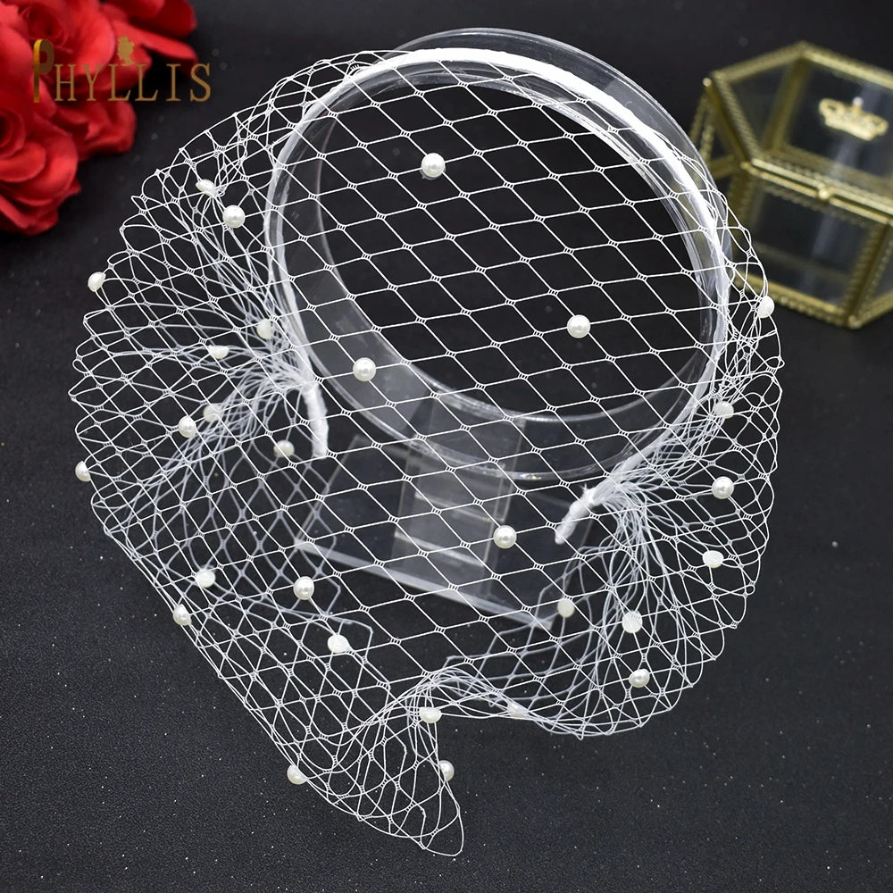 JM20 Pearl Veil for Face Women's Hat for Wedding Bride Headwear Bridal Fascinator Hair Ornament Birdcage Veil Pearl Headpiece