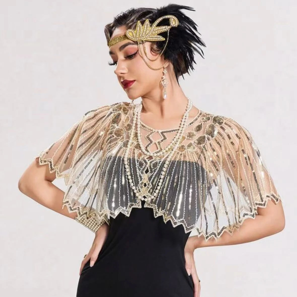 1 pcs 1920s Vintage Sequined Fringed Shrug Elegant Shawl For Women Beaded Cape Suitable For Formal Party Wedding Harem Night