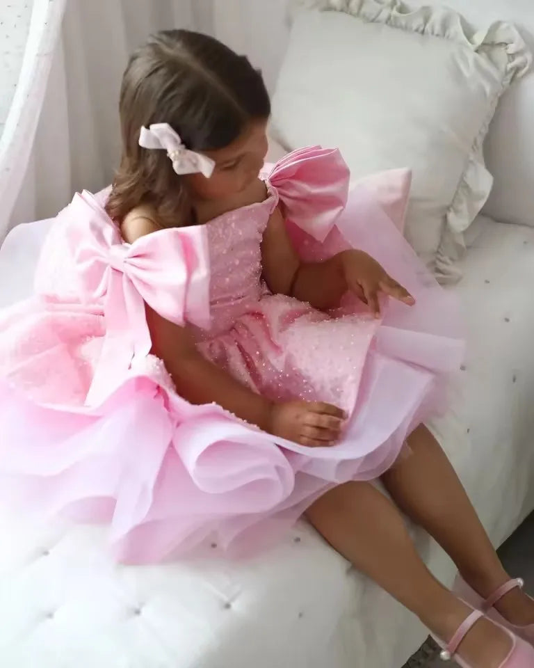 Customized Pink Flower Girl Dresses For Wedding Sequins With Bow Knee Length Cute Princess Birthday Party First Communion Gown