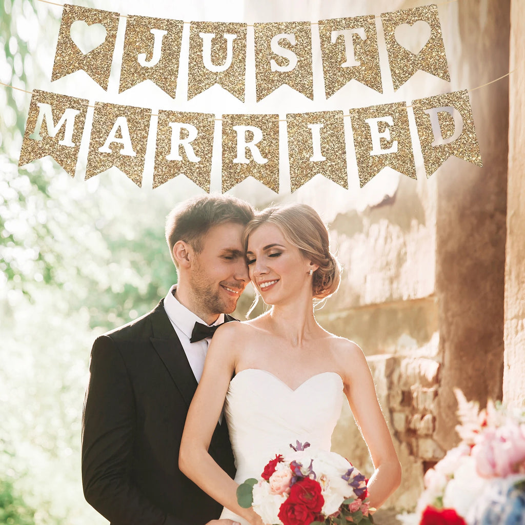 Just Married Banner Gold Glitter Wedding Party Banner Gold Wedding Reception Party or Car Decorations & Decor