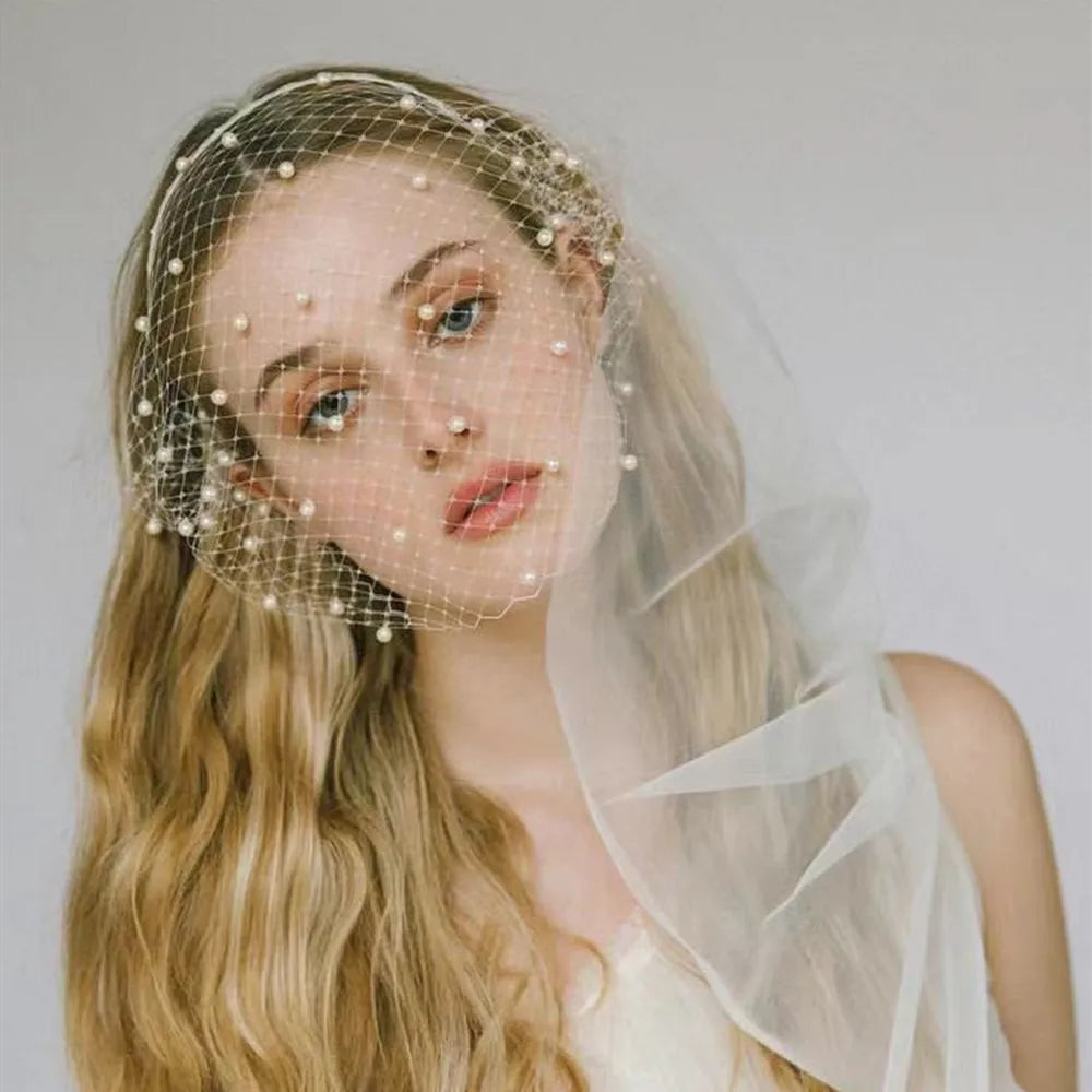 JM20 Pearl Veil for Face Women's Hat for Wedding Bride Headwear Bridal Fascinator Hair Ornament Birdcage Veil Pearl Headpiece