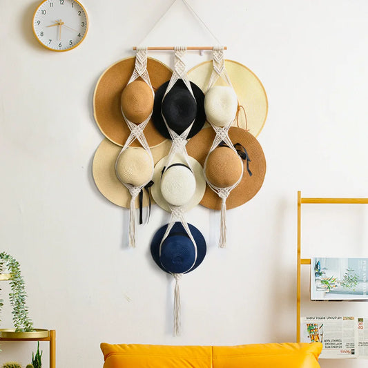 Nordic Boho Cotton Rope Hanging Hat Organizer Display Rack Storage Cap Holder Scarf Hanger Macrame Tapestry Home Wall Decor