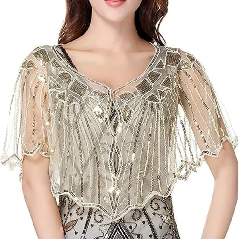1920s Retro Beaded Sequin Flapper Shawl Loose Decoration Outerwear Short Cape Evening Party Ladies Cloak Shawl PST02#