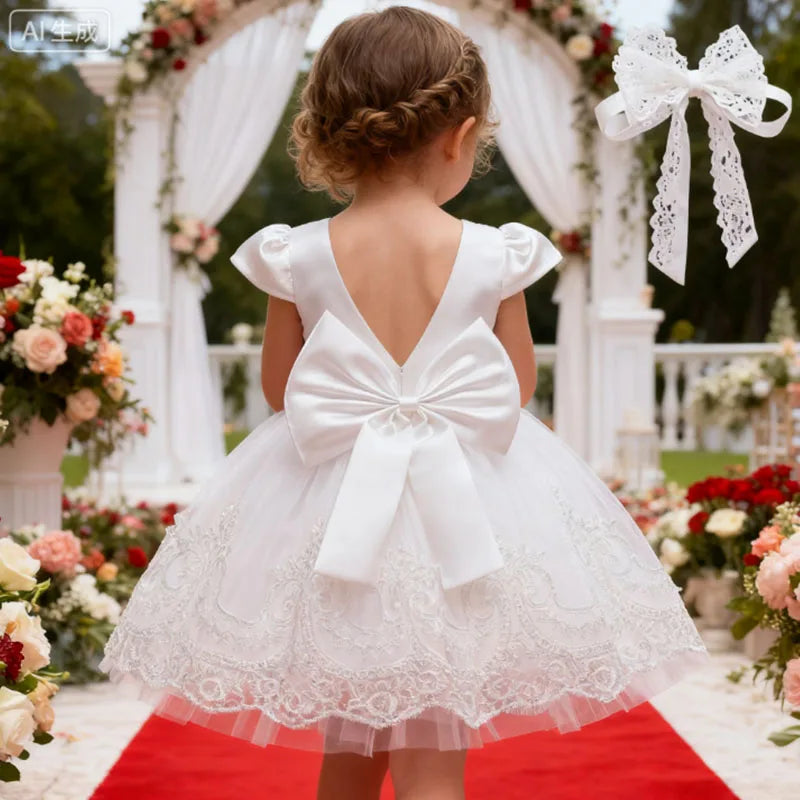 White Dress For Girls Elegant Flower Embroidery Princess Dress Toddler 1st Birthday Baby Girl Ceremonial Wedding Baptism Dress
