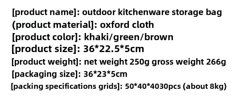 Portable outdoor cookware storage bag, outdoor camping kitchenware storage bag, tableware, picnic supplies,camping tools storage