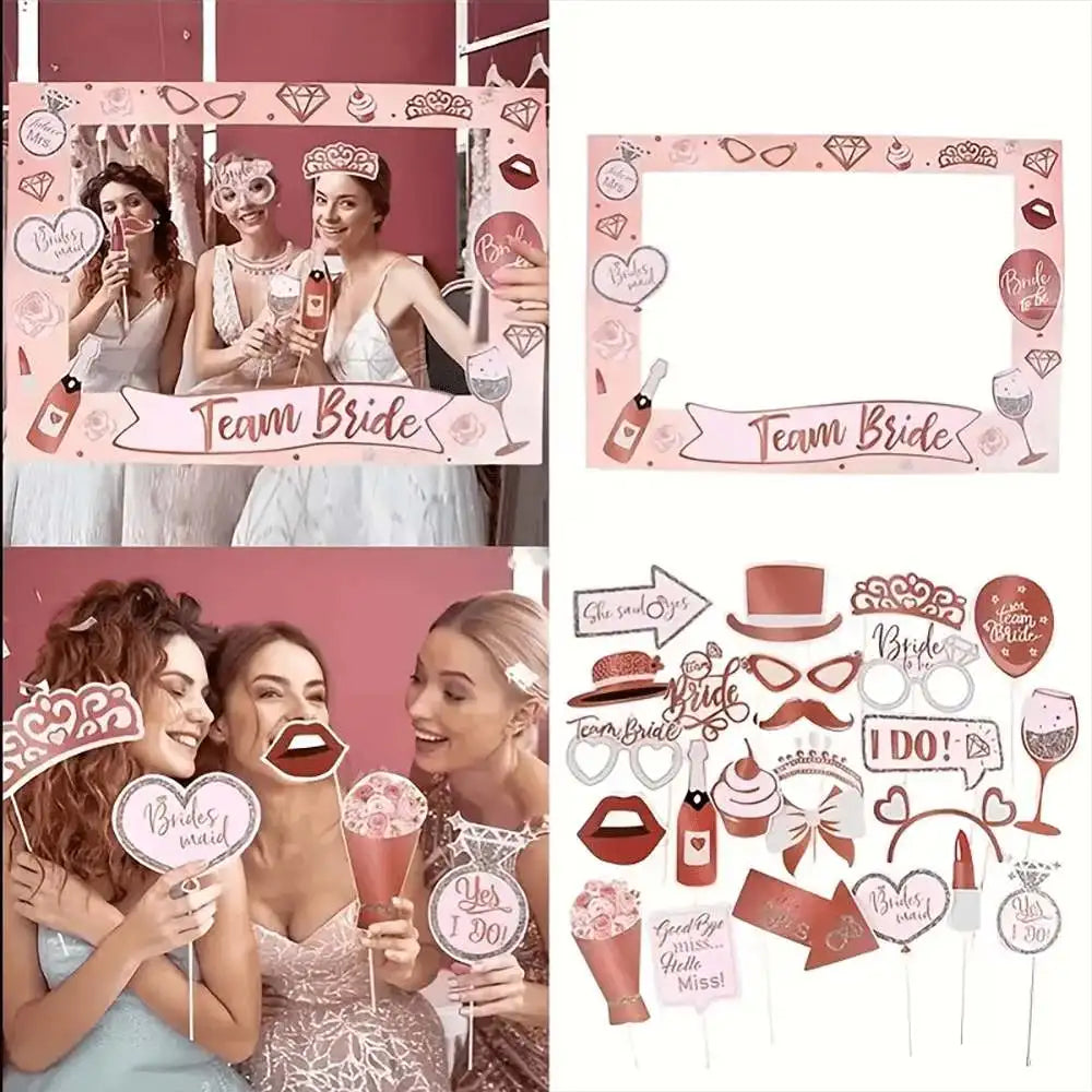 1 Pack,  Bride Handheld Paper Photo Frame Photo Props Rose Gold Combination Set, Girls Bachelorette Party Wedding