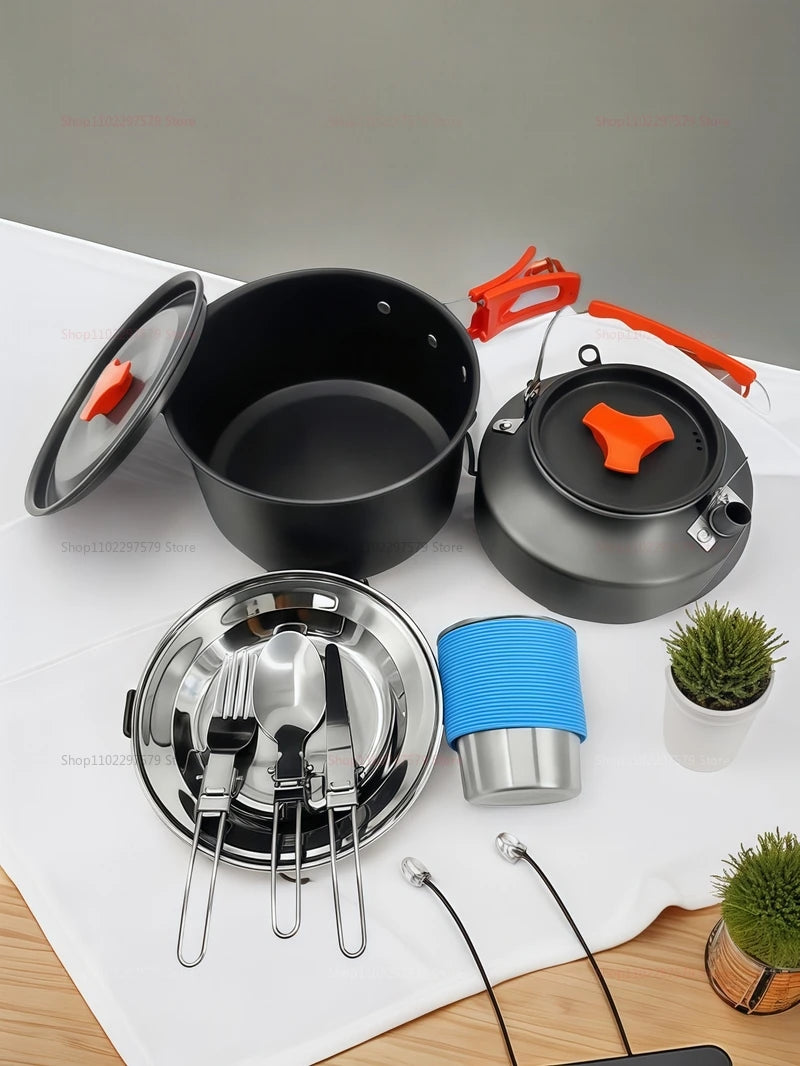 Outdoor Camping Cooking Set for 2-3 People Portable Folding Pot and Kettle Combo Camping Tableware Hiking Backpacking Gear