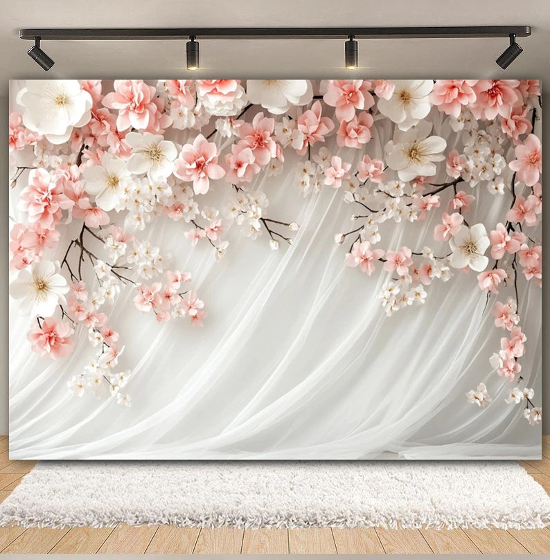 Wedding Scene Party Backdrop for Photography Pink Flower Palace White Wall Bridal Shower Wedding Portrait Decor Photo Background