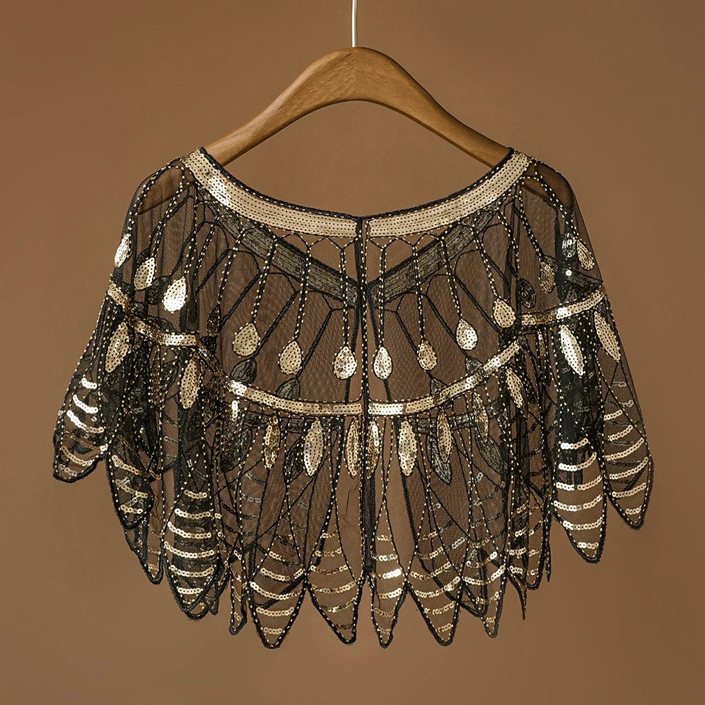 1920s Retro Leaf Beaded Sequin Flapper Shawl Loose Decoration Outerwear Short Cape Evening Party Ladies Cloak Shawl Black