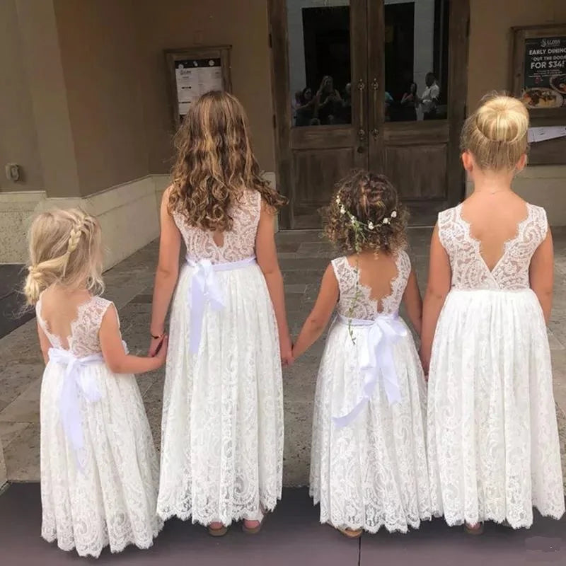 New Girl Princess Dress White Lace Long Dress Wedding Flower Children Open Back Wedding Dress Girl Elegant Evening Dress