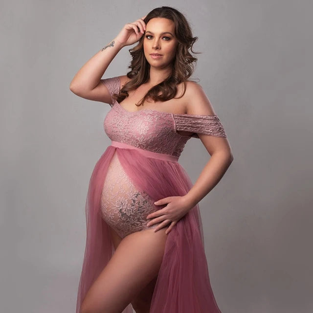 Maternity Photography Dresses Pregnancy Lace Bodysuit  Tulle Long Sides Slit With Flying Dress Pregnant Woman Photo Shoot Outfit