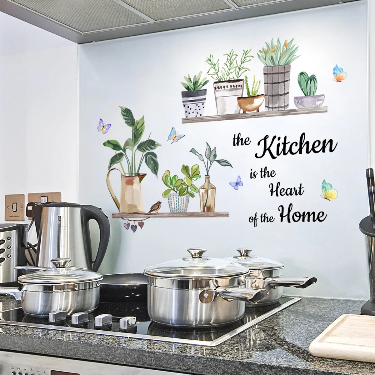 Kitchen Green Plants Cooking Art Butterfly Flower Kitchen Quotes Wall Stickers Art Home Decorations Wall Decals