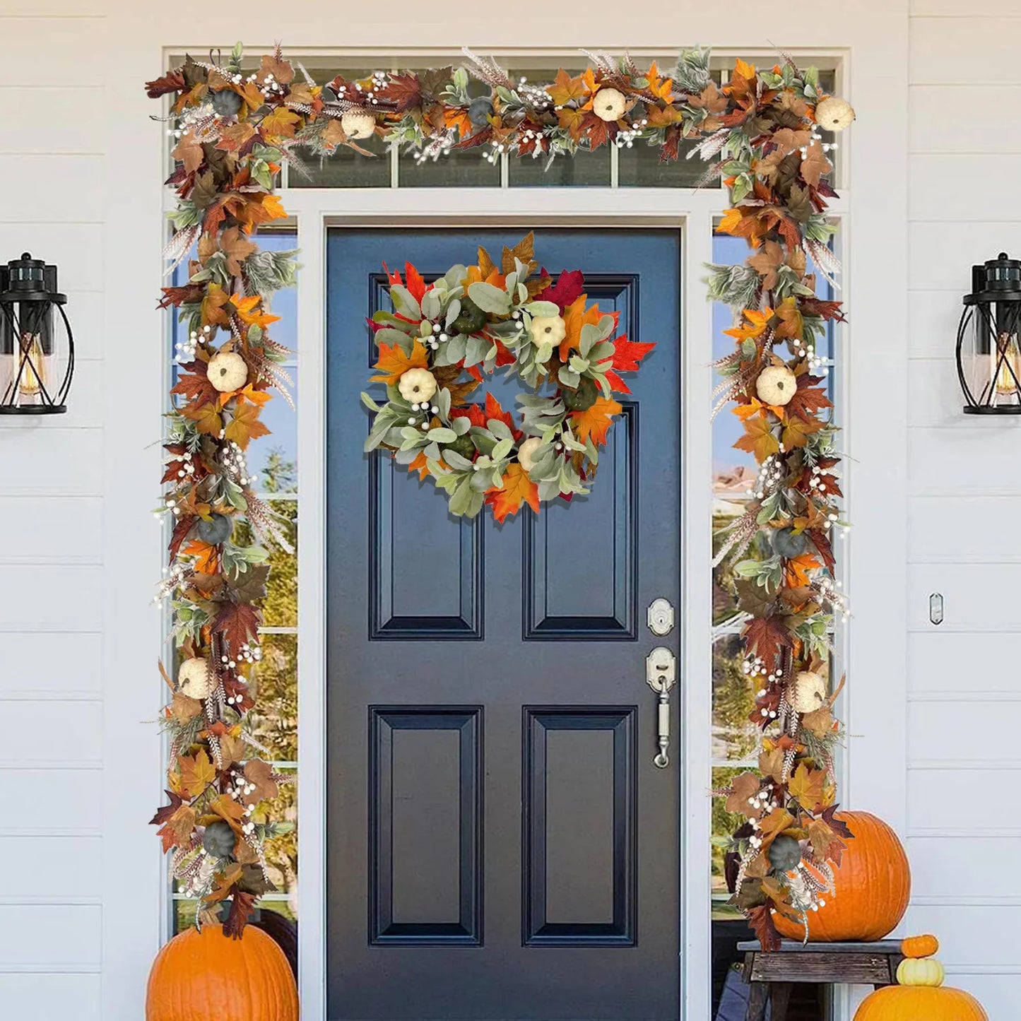 Thanksgiving Decoration Pumpkin Wreath Artificial Maple Leaf Wreath For Front Door Autumn Harvest Festival Wreath Home Decor