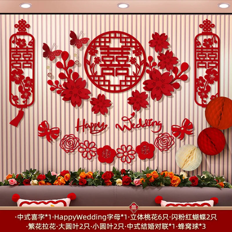 Chinese Wedding Decoration Wall Double Happiness Background Ornament Traditional Wedding Wall Stickers Supplies