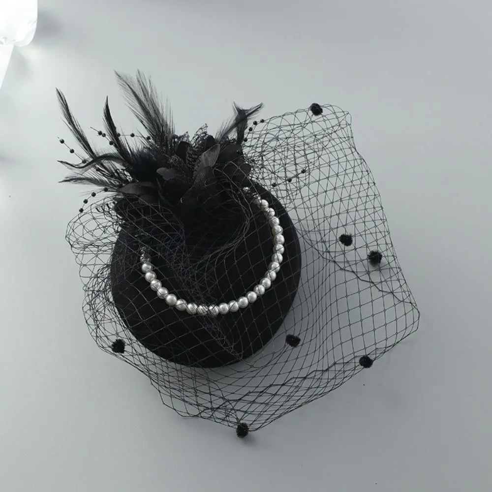 New Elegant Bridal Headwear Pearl Flower Mesh Wedding Veil Hat Vintage Temperament Fascinators Hat For Women