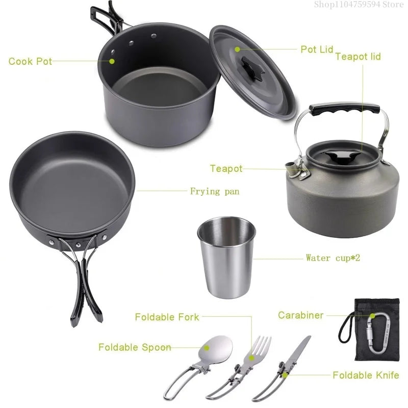 Outdoor cooking equipment - 2-3 person camping pot set with folding pot and kettle combination kit panelas camping Tableware