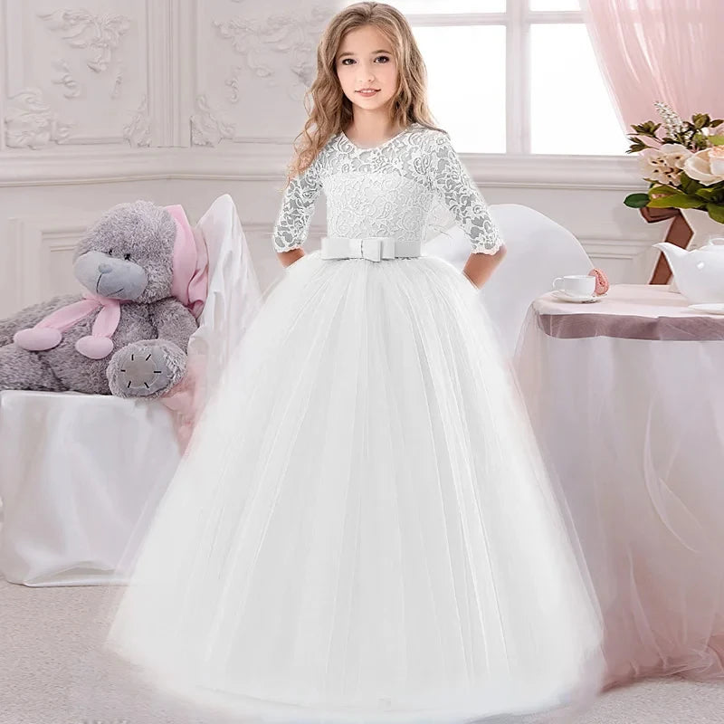 Girl's Dress 6-14 Y Flower Girls Wedding Elegant Lace Prom Bridesmaid Birthday Party Kids Lace Dress Vintage Performance Dresses