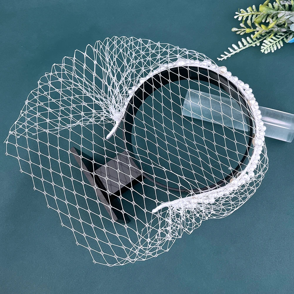 JM26 Tulle Cage Veil with Pearls Wedding Birdcage Veil with Headband Face Cover Bride Headdress Wedding Accessories Mariage