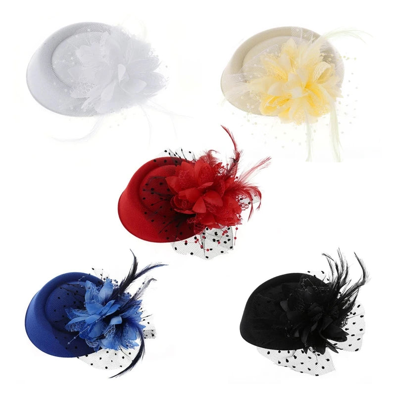 A52E Womens Fascinator Hat Topper Mesh Veil Flower Feather Pearl Beaded Decor Hair Clips Wedding Bridal Cocktail Headwear