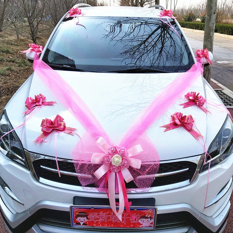 1Set Wedding Car Decoration Artificial Flower Pull Flowers Cover Door Handle Ribbons Silk Flower Party Festival Supplies