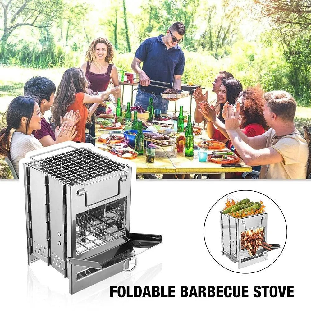 Portable Camping Wood Burning Stove Folding Camp Stove Stainless Steel Campfire Stove for Outdoor Cooking Picnic Hiking BB