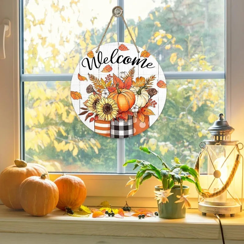 Thanksgiving Front Door Decor - Fall Pumpkin & Sunflower Wood Wreath with Mason Jar for Porch or Farmhouse Wall Display