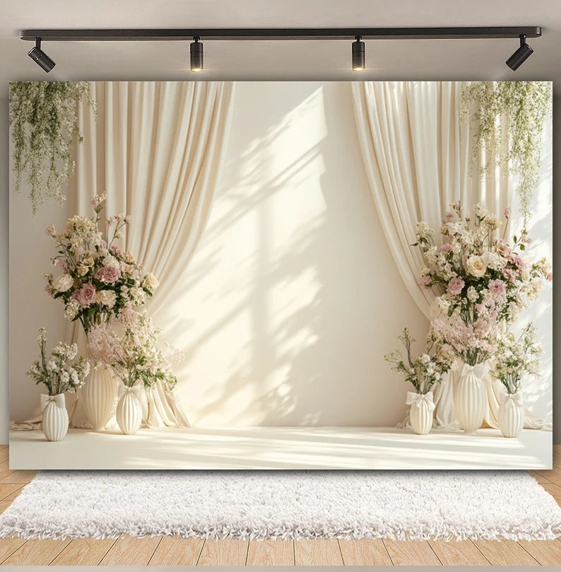 Wedding Scene Party Backdrop for Photography Pink Flower Palace White Wall Bridal Shower Wedding Portrait Decor Photo Background