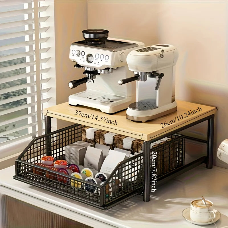 Kitchen Countertop Organizer with Drawer & Wire Basket - Sturdy Hardwood & Metal 2-Tier Storage Shelf for Coffee Maker, Utensils