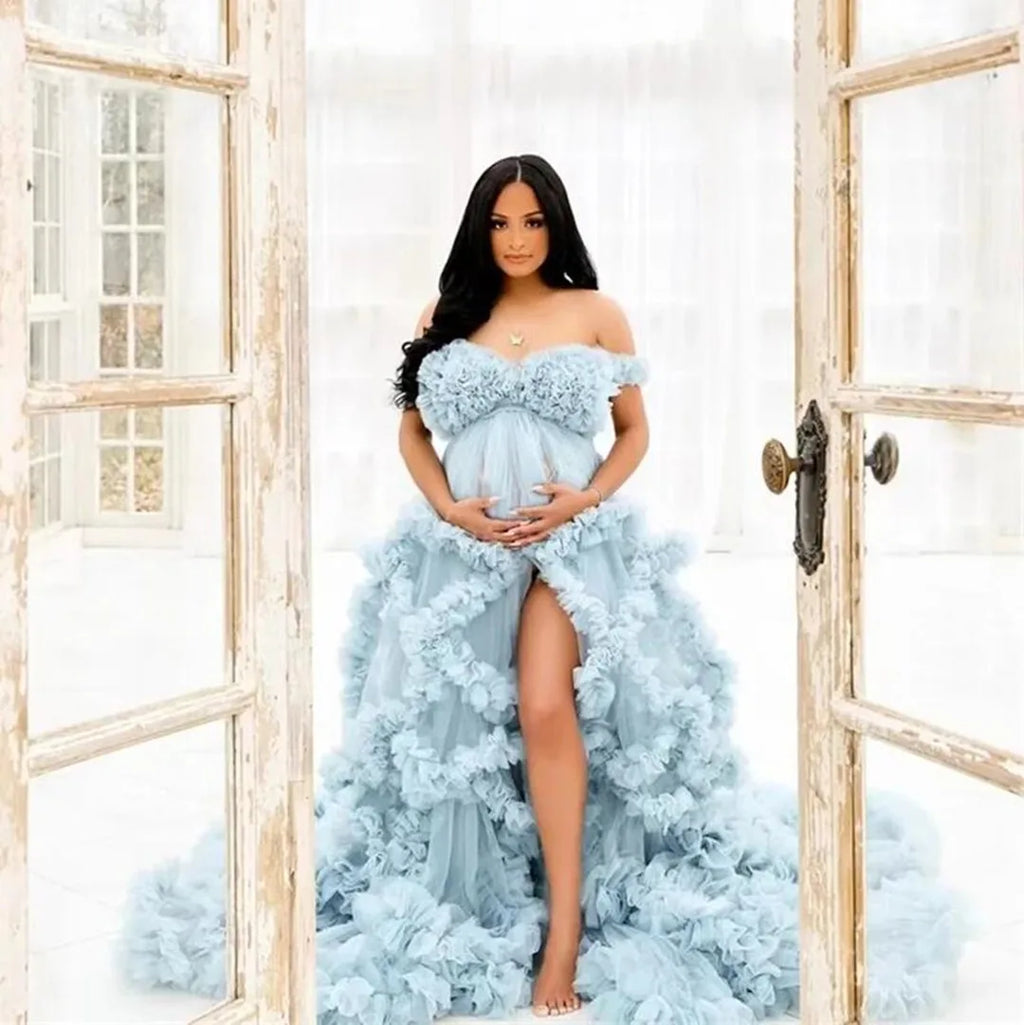 Sexy Maternity Star Dresses Ruffles Tulle Pregnant Photo Gowns for Photoshoot Baby Shower 3D Floral Off the Shoulder Robes