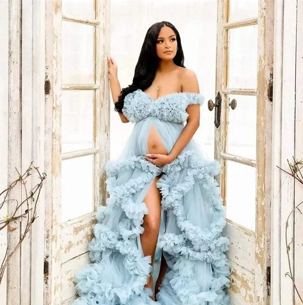 Sexy Maternity Star Dresses Ruffles Tulle Pregnant Photo Gowns for Photoshoot Baby Shower 3D Floral Off the Shoulder Robes