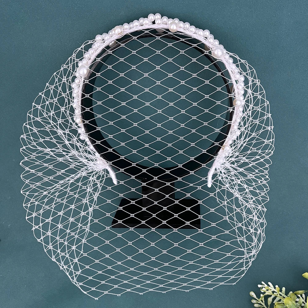 JM26 Tulle Cage Veil with Pearls Wedding Birdcage Veil with Headband Face Cover Bride Headdress Wedding Accessories Mariage