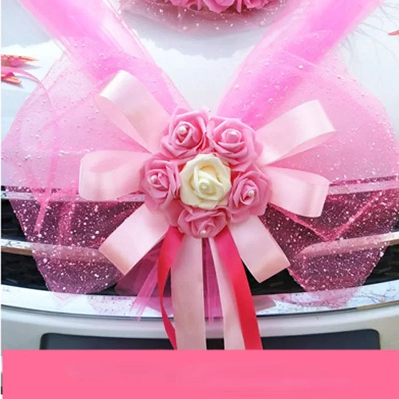 Wedding Car Decoration Flower Set Cover Door Handle Ribbons Silk Flower Garland With Tulle Rose Accessory Wed Decor2023