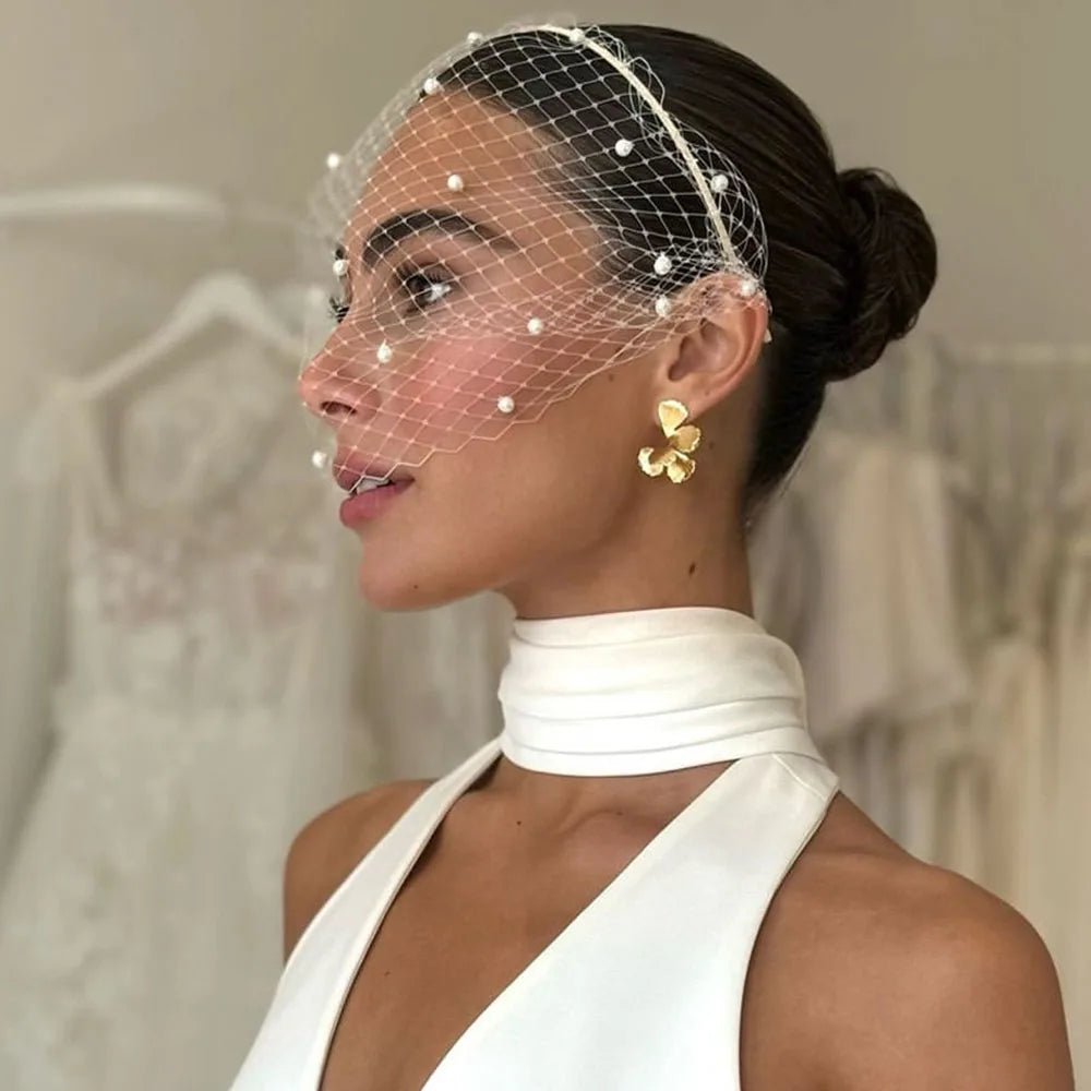 JM20 Pearl Veil for Face Women's Hat for Wedding Bride Headwear Bridal Fascinator Hair Ornament Birdcage Veil Pearl Headpiece