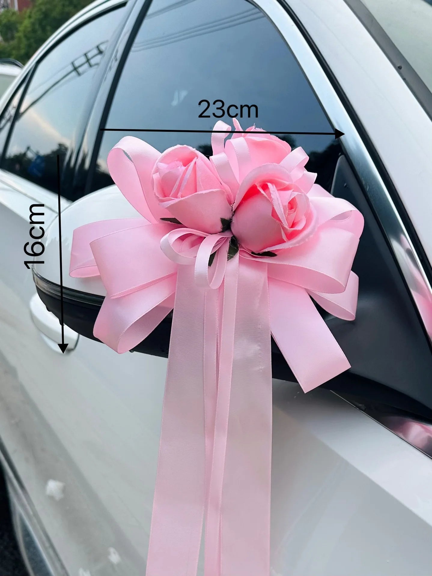 Yannew 4pcs Wedding Car Rearview Mirror Flowers with Ribbon Bow Tie Just Married Auto Door Handle Decoration Aisle Rose Flower