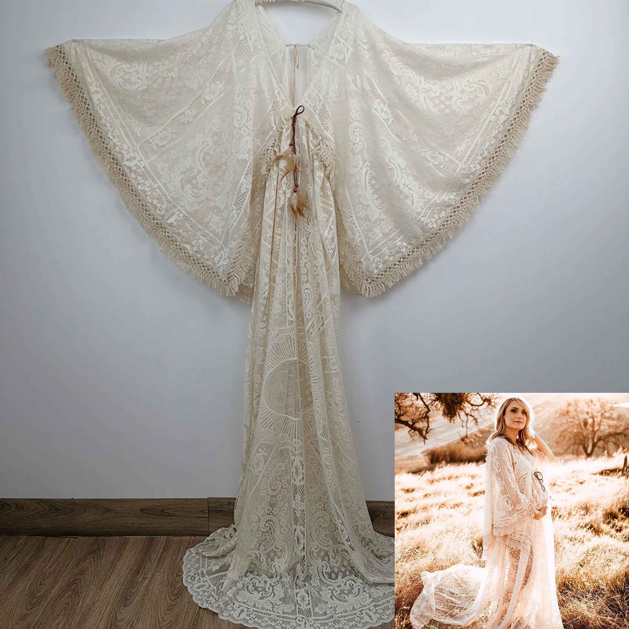 Don&Judy Maternity Dress Boho Photo shoot Maxi Long Sleeve Wedding Party Evening Ivory Gown for Bride Pregnant Women Photography