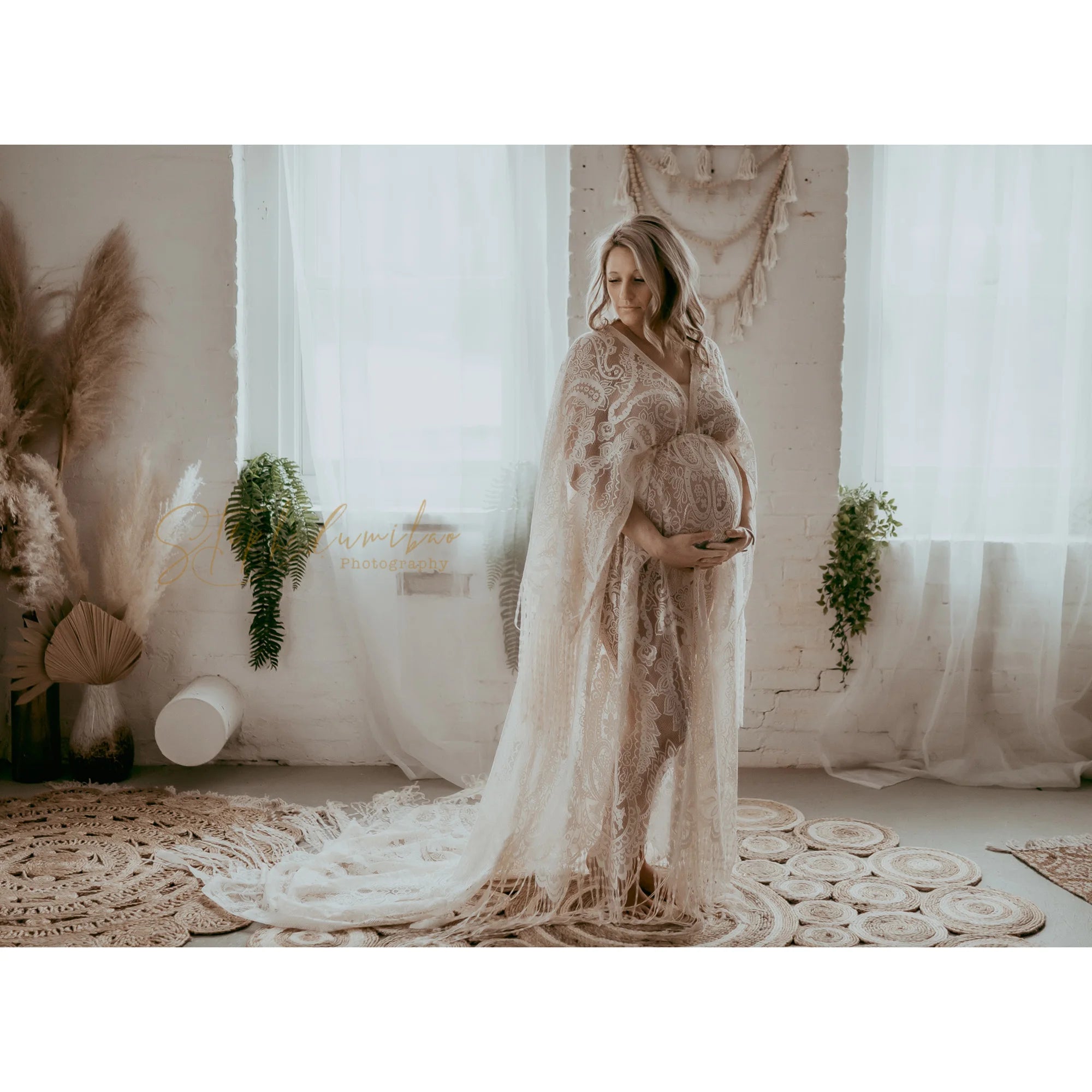Don&Judy Maternity Dress Boho Photo shoot Maxi Long Sleeve Wedding Party Evening Ivory Gown for Bride Pregnant Women Photography